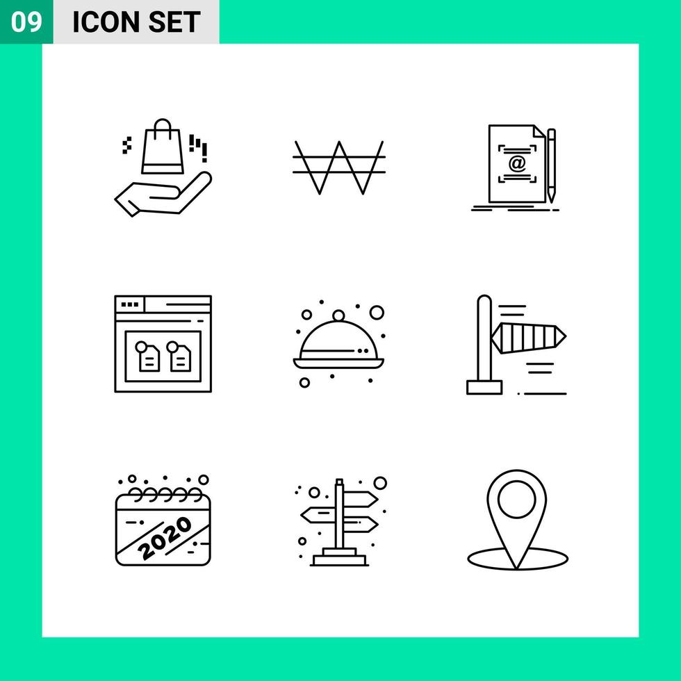 paquete de 9 iconos de estilo de línea establece símbolos de esquema para imprimir signos creativos aislados en fondo blanco 9 conjunto de iconos vector