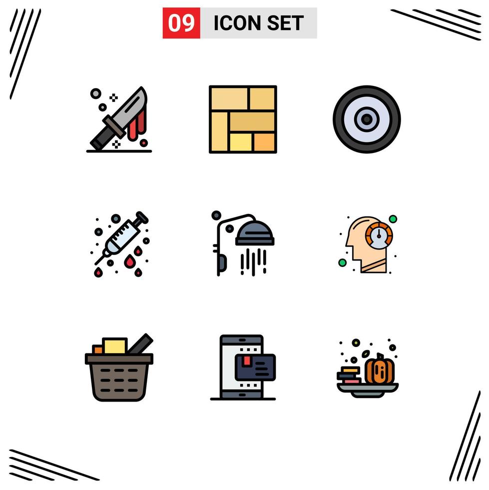 Filledline Flat Color Pack of 9 Universal Symbols of shower bathroom multimedia needle health Editable Vector Design Elements
