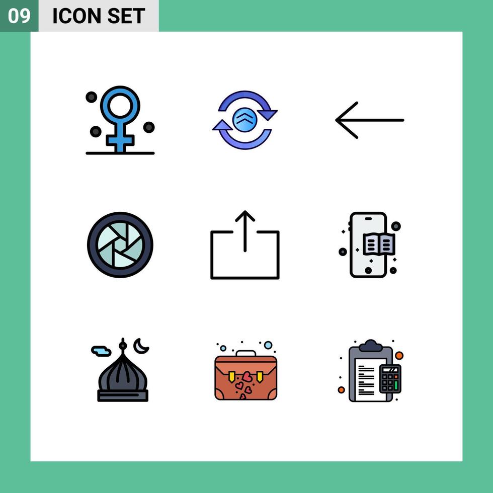 9 Filledline Flat Color concept for Websites Mobile and Apps education book send arrow output camera lenses Editable Vector Design Elements