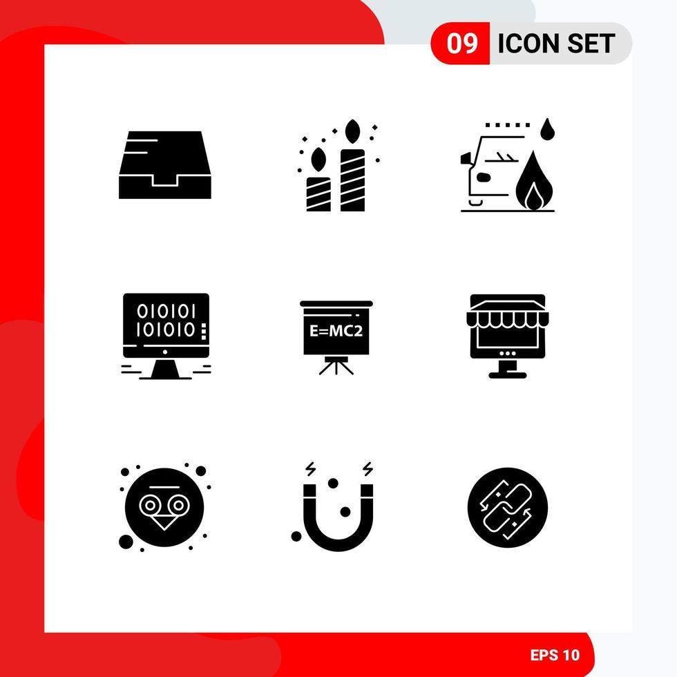Mobile Interface Solid Glyph Set of 9 Pictograms of board classroom car web development Editable Vector Design Elements