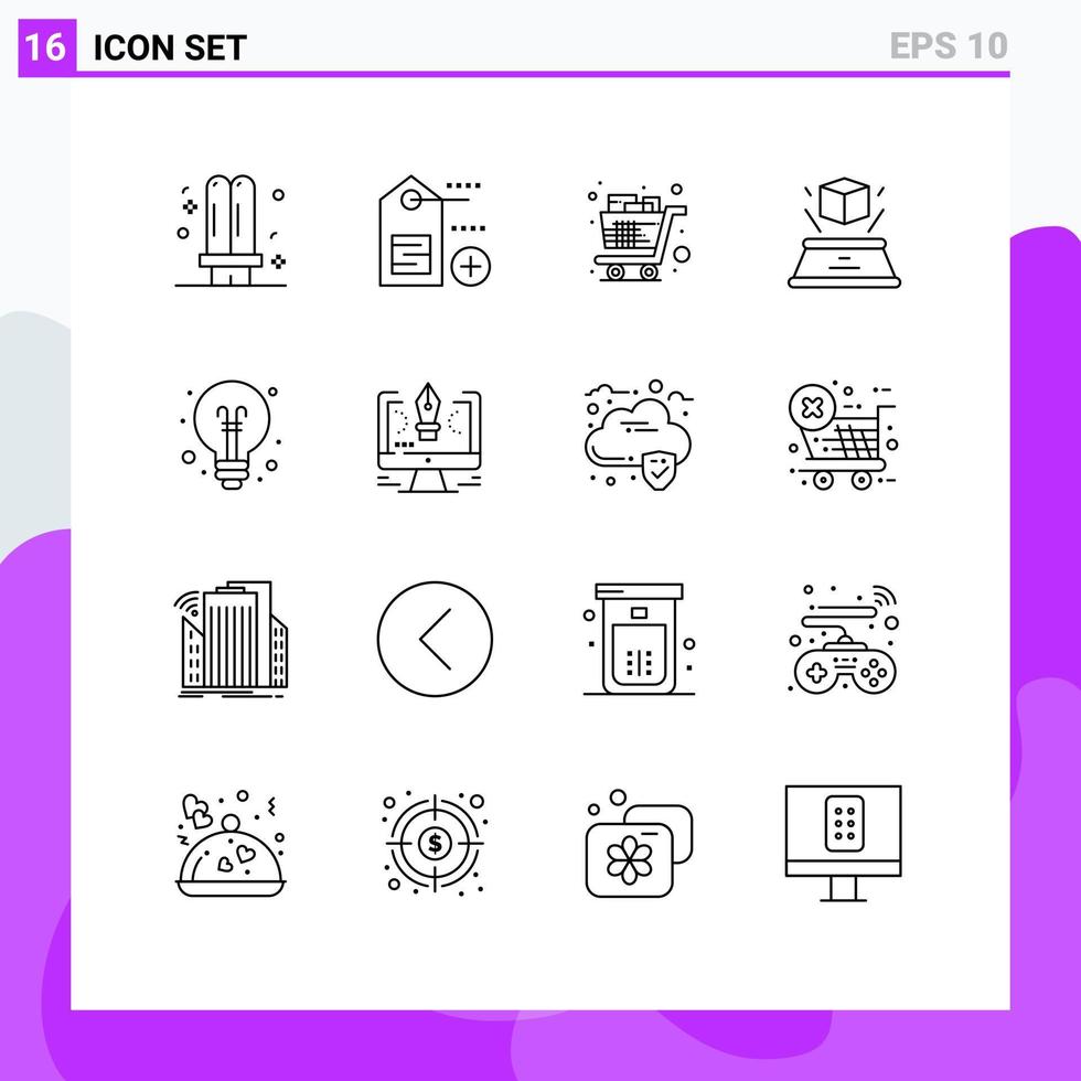 Outline Pack of 16 Universal Symbols of bulb imagination cart hologram trolley Editable Vector Design Elements