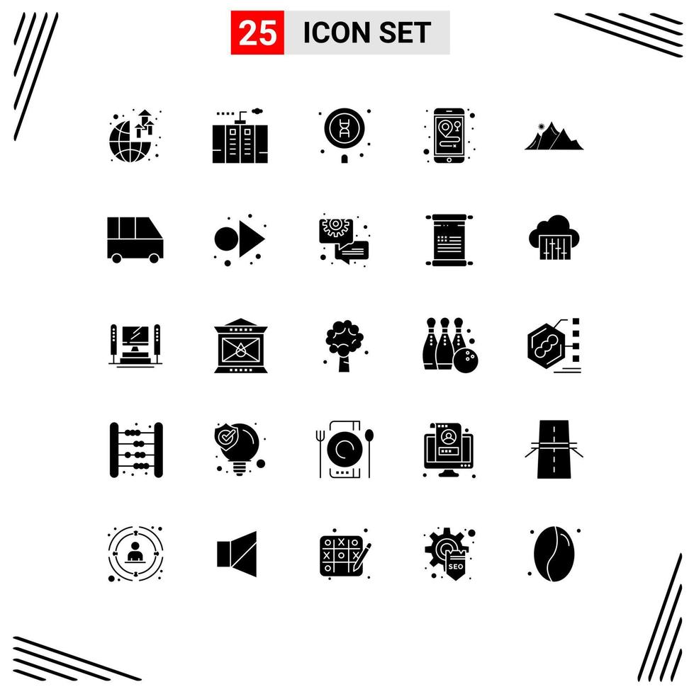 Pack of 25 Modern Solid Glyphs Signs and Symbols for Web Print Media such as hill maps power location science Editable Vector Design Elements