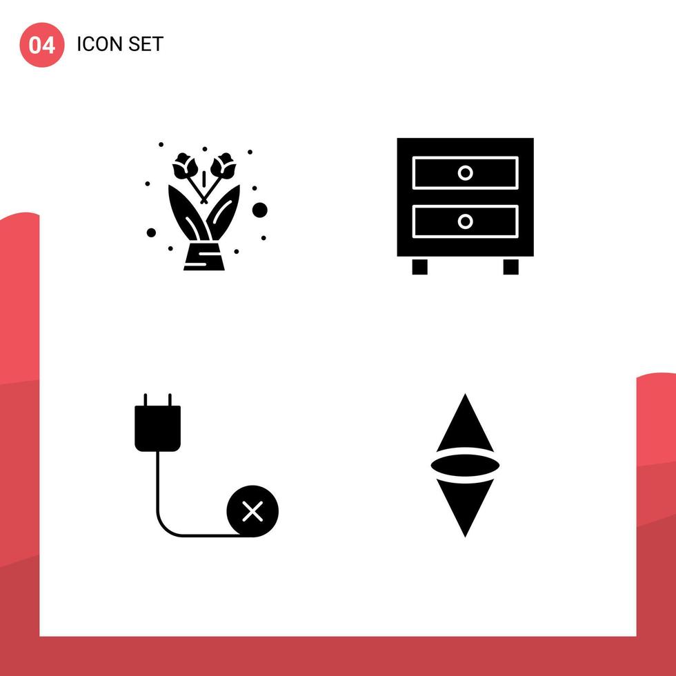 grupo de 4 signos y símbolos de glifos sólidos para elementos de diseño de vectores editables de hardware escolar de gabinete de dispositivos florales