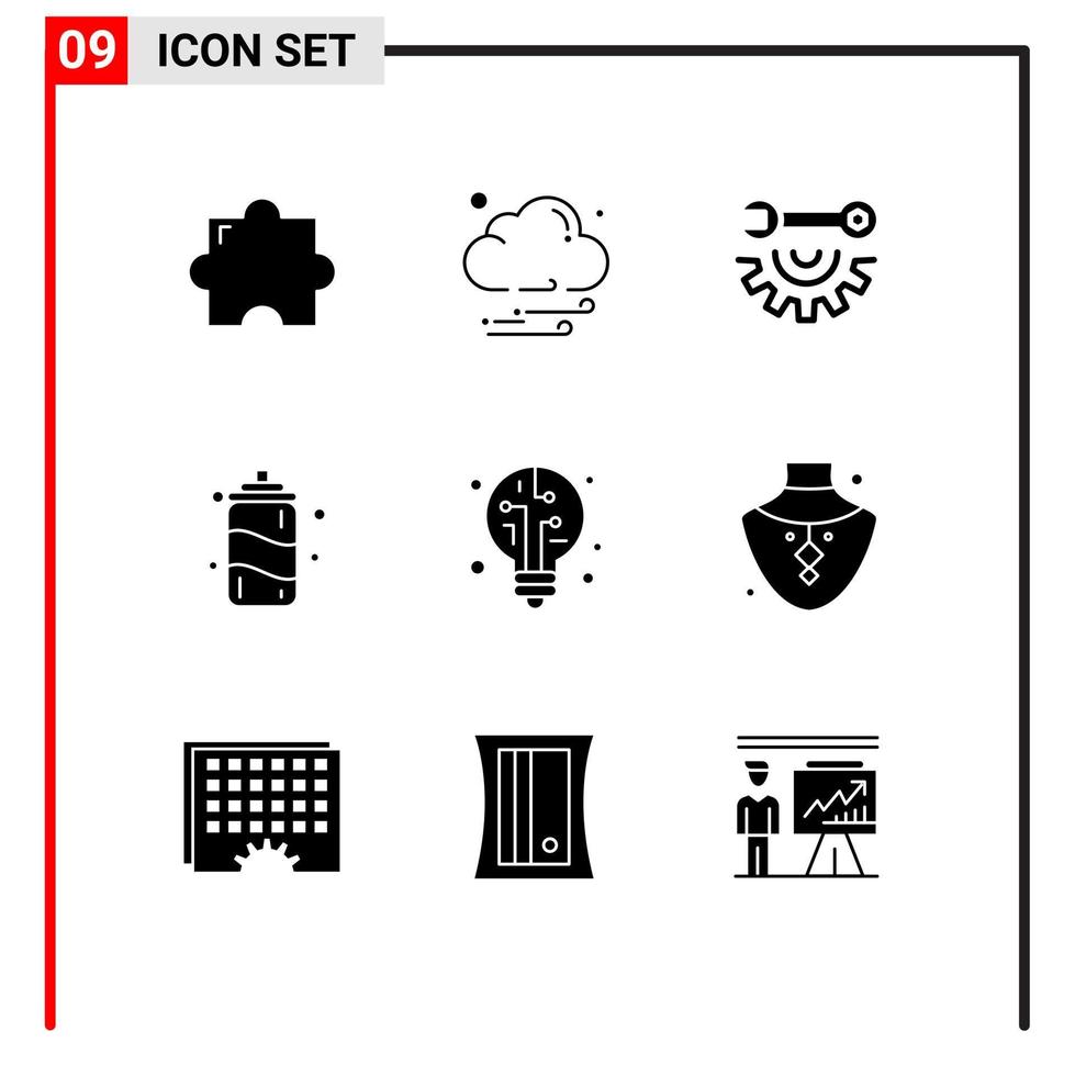paquete de 9 signos y símbolos de glifos sólidos modernos para medios de impresión web, como herramientas de mano de bulbo de gema, elementos de diseño vectorial editables de verano ligero vector
