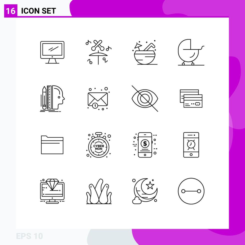 16 User Interface Outline Pack of modern Signs and Symbols of human pram beach carriage baby Editable Vector Design Elements