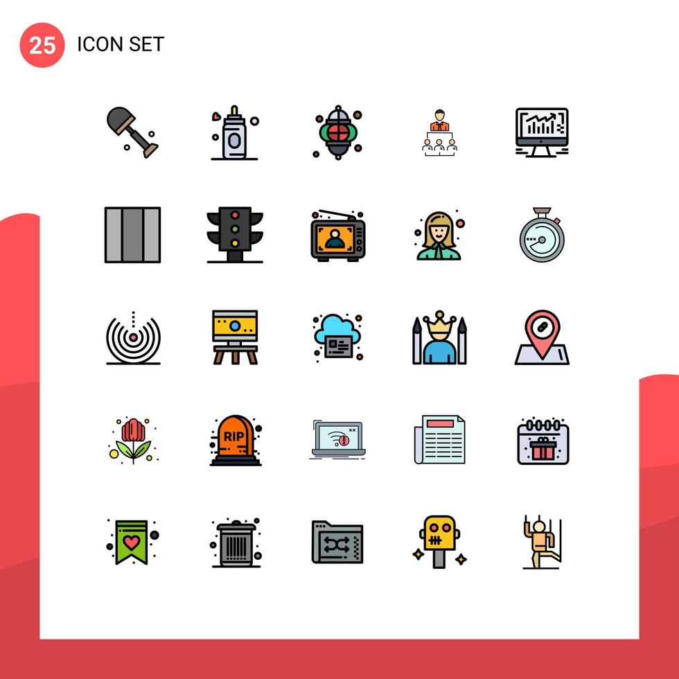 paquete de 25 modernos signos y símbolos de colores planos de línea rellena para medios de impresión web, como liderazgo informático, organización humana ligera, elementos de diseño de vectores editables