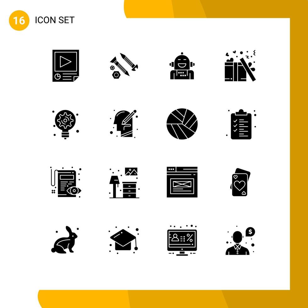 User Interface Pack of 16 Basic Solid Glyphs of present gift tool feeling emotion Editable Vector Design Elements