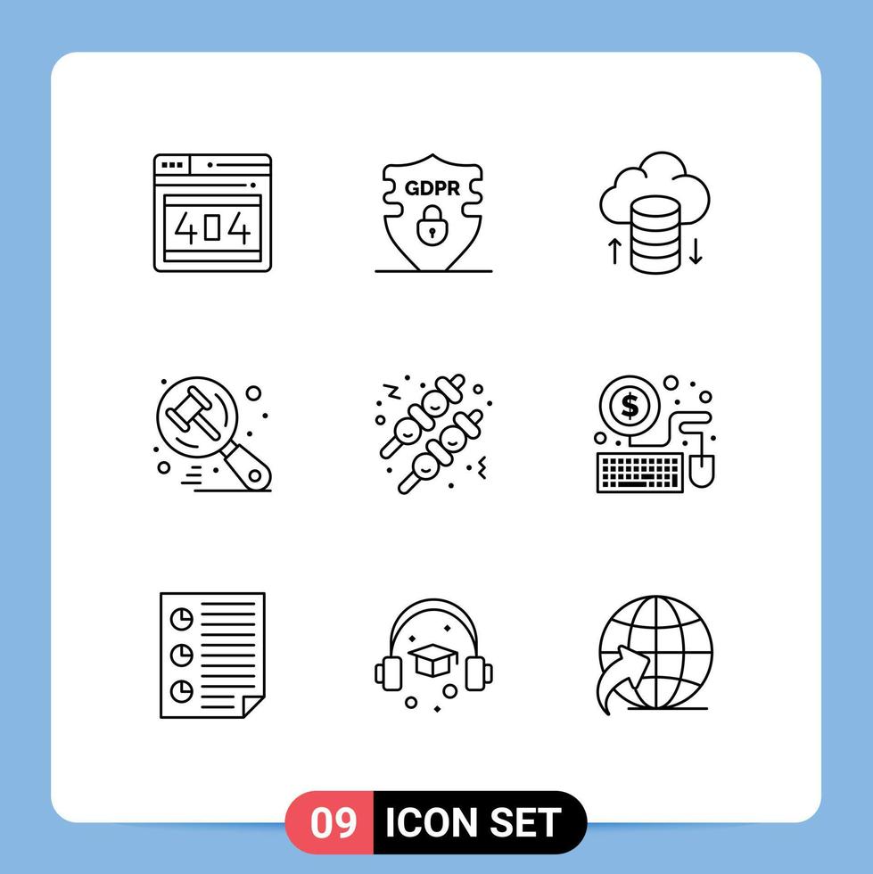 9 Universal Outlines Set for Web and Mobile Applications meatball fast food cloud hosting judge auction Editable Vector Design Elements