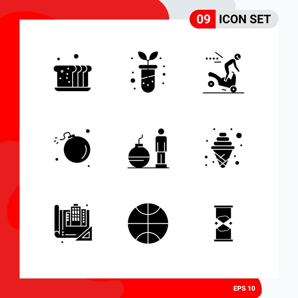 Set of 9 Commercial Solid Glyphs pack for business meteor accident explosion bomb Editable Vector Design Elements