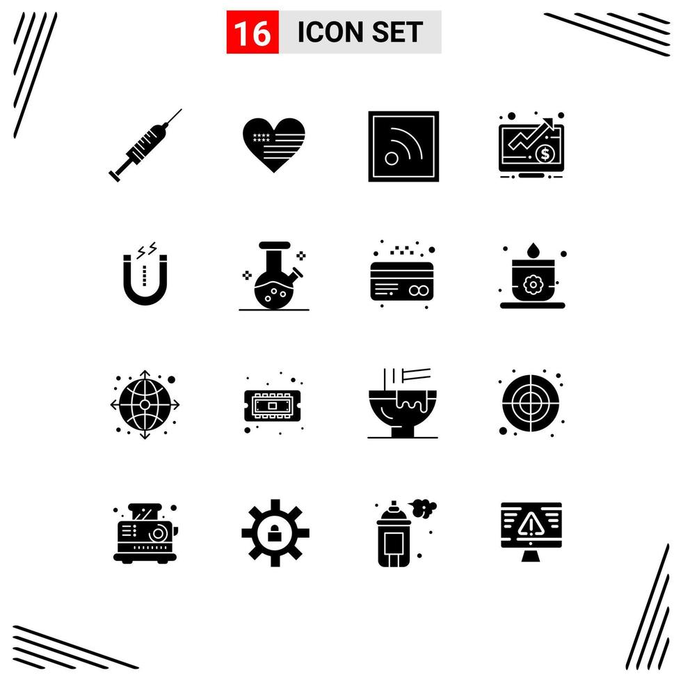 Pack of 16 Modern Solid Glyphs Signs and Symbols for Web Print Media such as attract screen flag up dollar Editable Vector Design Elements