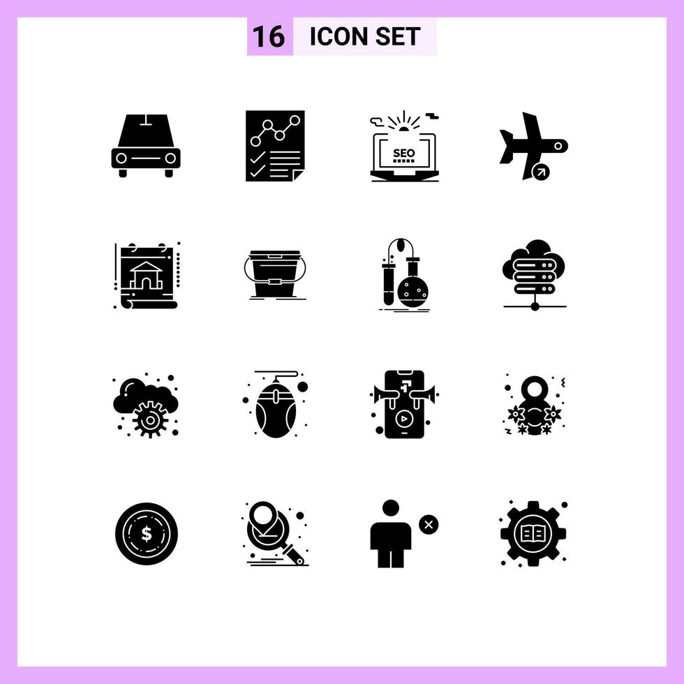 Modern Set of 16 Solid Glyphs and symbols such as transport plane seo off web Editable Vector Design Elements