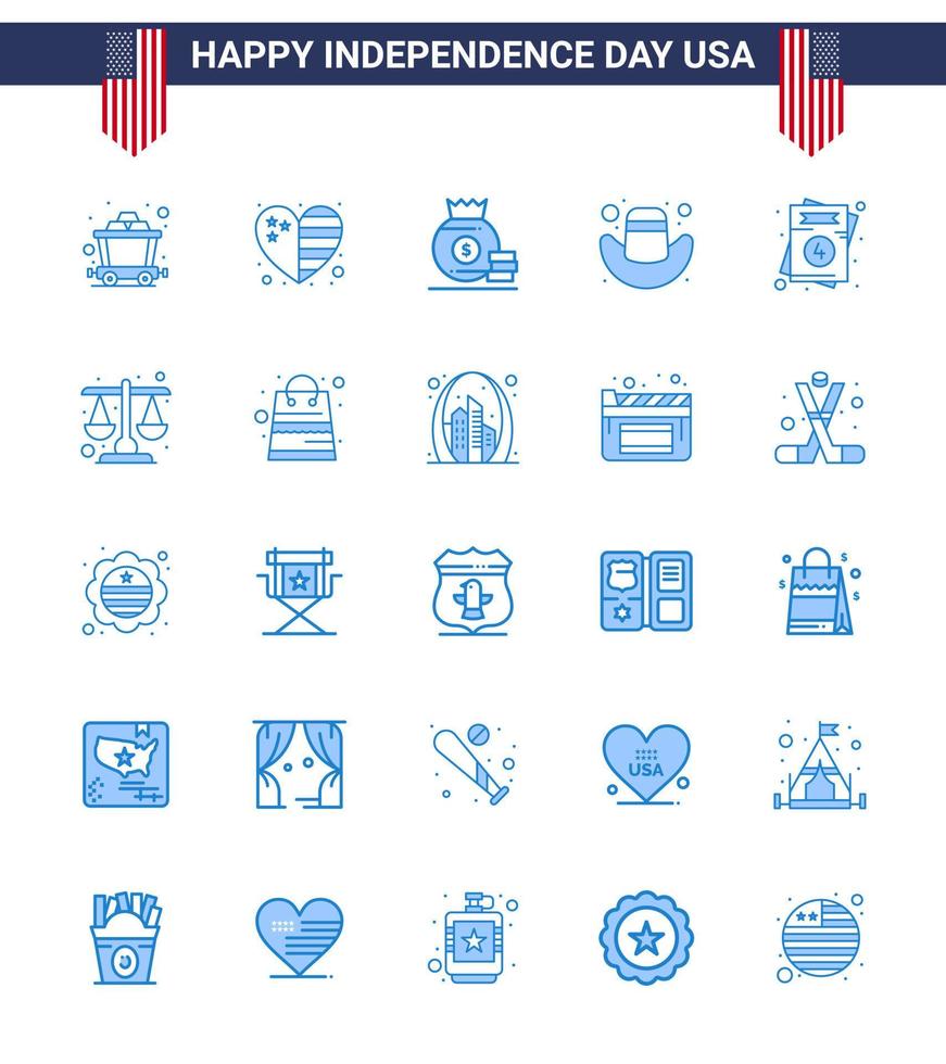 Set of 25 Modern Blues pack on USA Independence Day wedding love bag invitation cap Editable USA Day Vector Design Elements