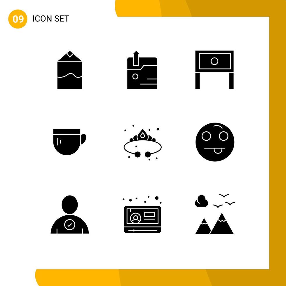 Modern Set of 9 Solid Glyphs and symbols such as jewelry crown household basic tea Editable Vector Design Elements