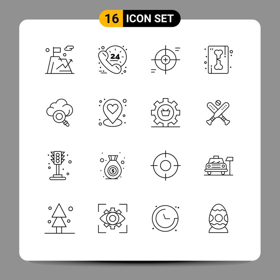 Pack of 16 Modern Outlines Signs and Symbols for Web Print Media such as cloud ray crosshair line target Editable Vector Design Elements
