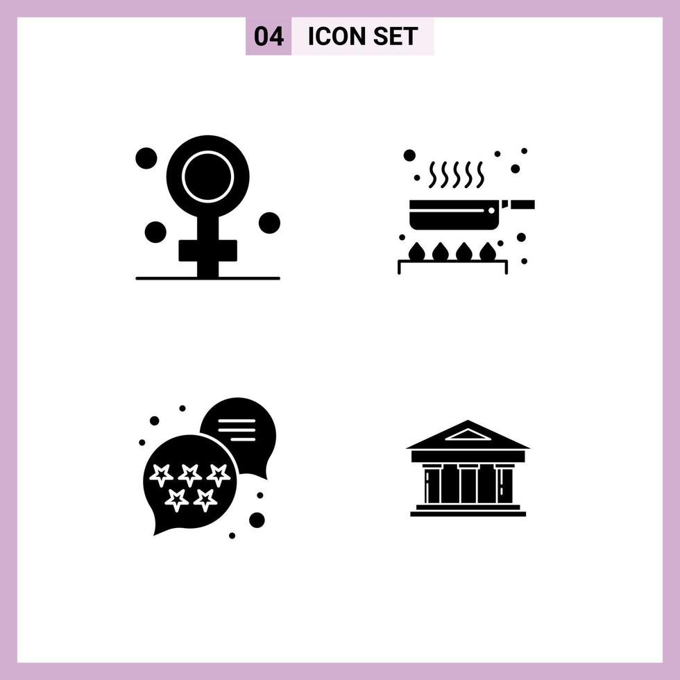 Group of 4 Modern Solid Glyphs Set for biology rank medical frying pan bank Editable Vector Design Elements