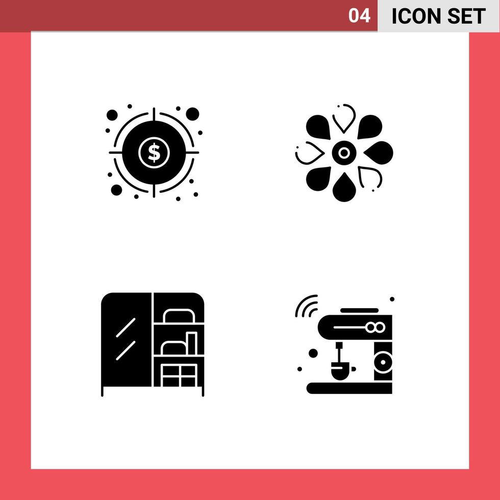 Solid Glyph Pack of 4 Universal Symbols of finance spring goal sun flower interior Editable Vector Design Elements