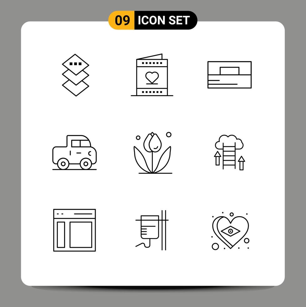 Mobile Interface Outline Set of 9 Pictograms of nature flower accessories pickup car Editable Vector Design Elements