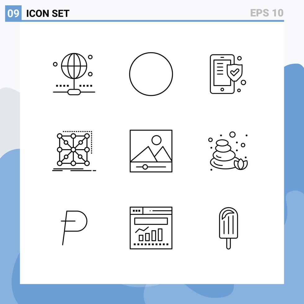 Pictogram Set of 9 Simple Outlines of photos gallery security complex app Editable Vector Design Elements