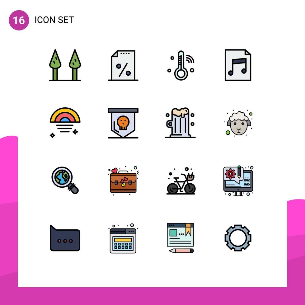 Paquete de 16 líneas rellenas de color plano de la interfaz de usuario de signos y símbolos modernos de la temperatura del cielo del tablero archivo lluvioso elementos de diseño de vectores creativos editables