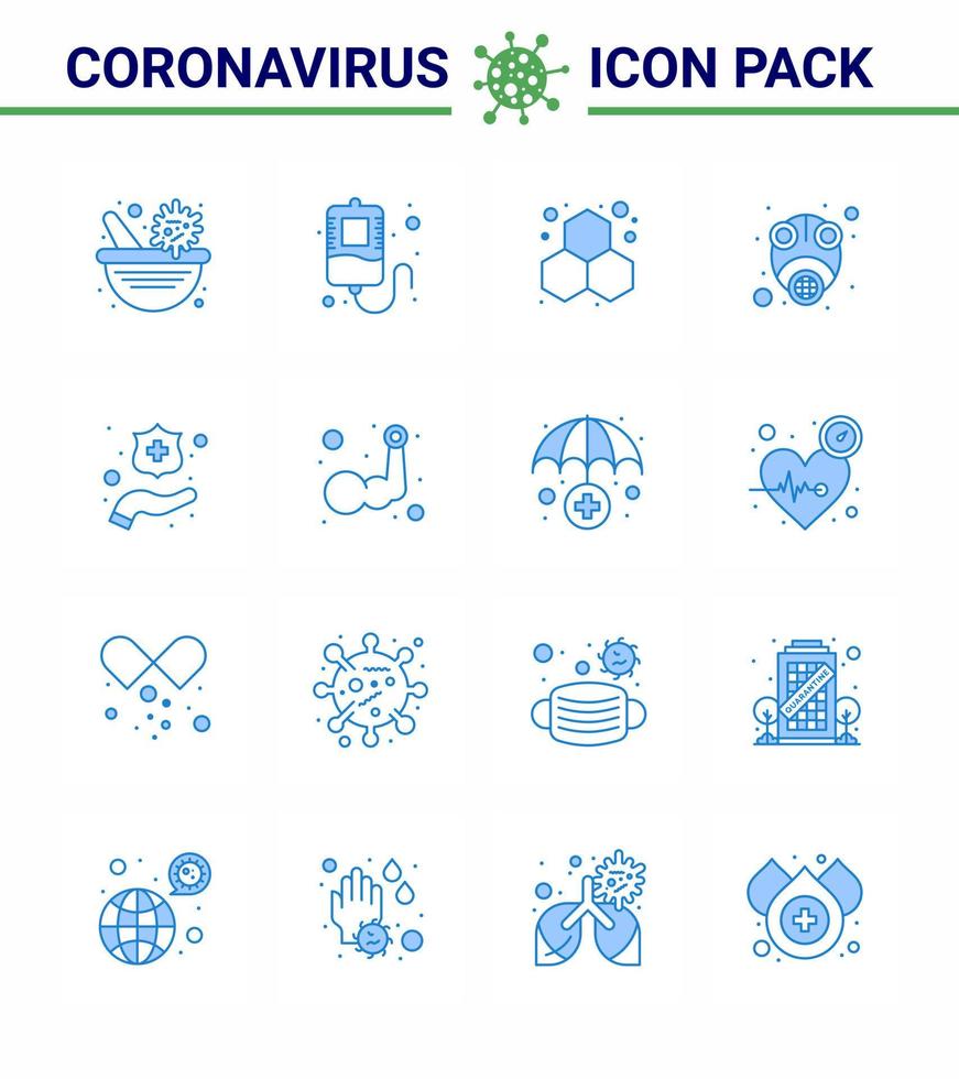 icono de consejos de precaución de coronavirus para la presentación de pautas de atención médica 16 paquete de iconos azules como el experimento de virus de manos proteger los elementos de diseño de vector de enfermedad de coronavirus viral de gas 2019nov