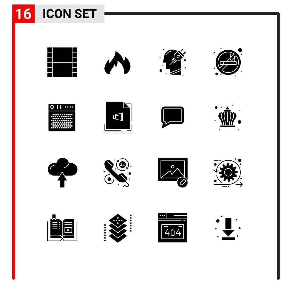 Pack of 16 creative Solid Glyphs of audio smoking human no smoking cigarette Editable Vector Design Elements