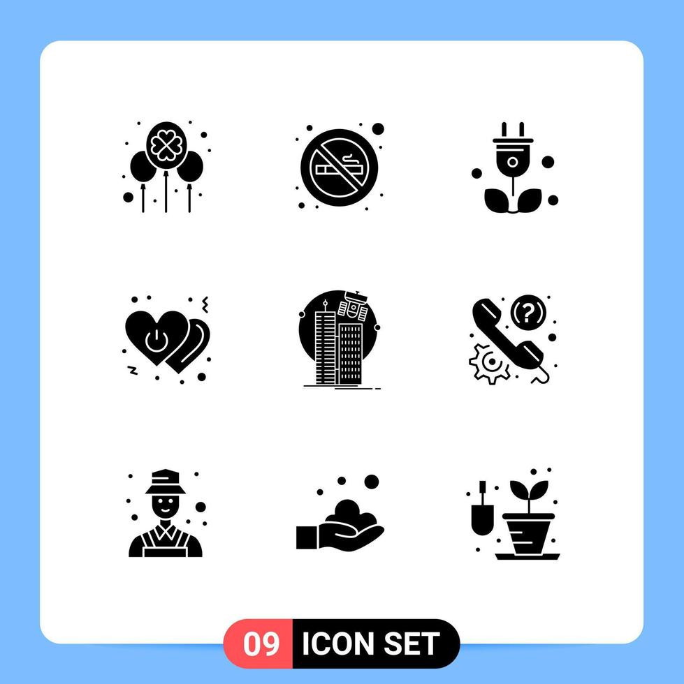 9 Universal Solid Glyph Signs Symbols of building power plug off heart Editable Vector Design Elements