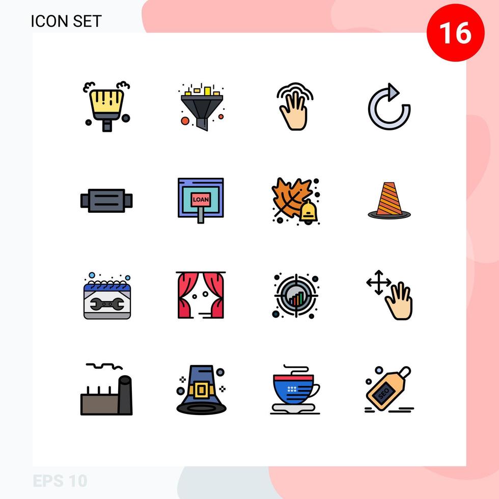 16 Universal Flat Color Filled Lines Set for Web and Mobile Applications man belt hand accessories restore Editable Creative Vector Design Elements