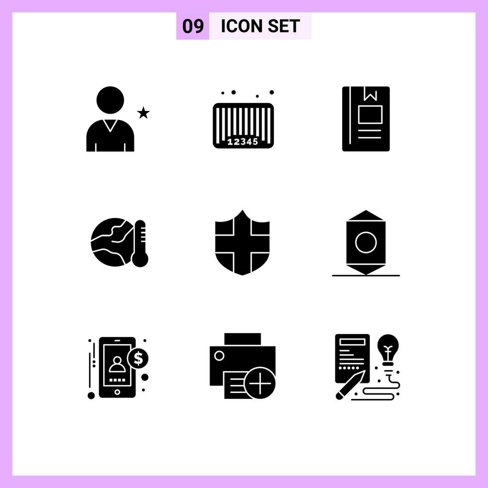 Set of 9 Vector Solid Glyphs on Grid for hot environment code earth learning Editable Vector Design Elements