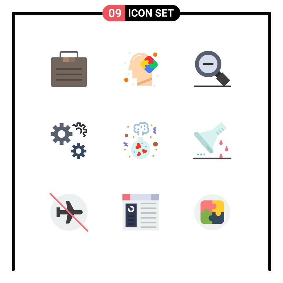 Modern Set of 9 Flat Colors Pictograph of flask preferences less gears zoom Editable Vector Design Elements