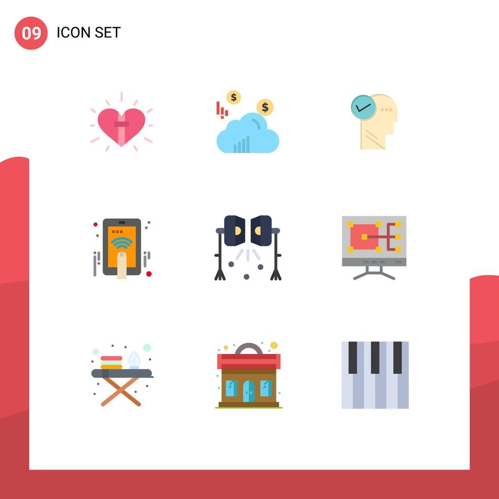9 User Interface Flat Color Pack of modern Signs and Symbols of lights gesture mind touch hand Editable Vector Design Elements