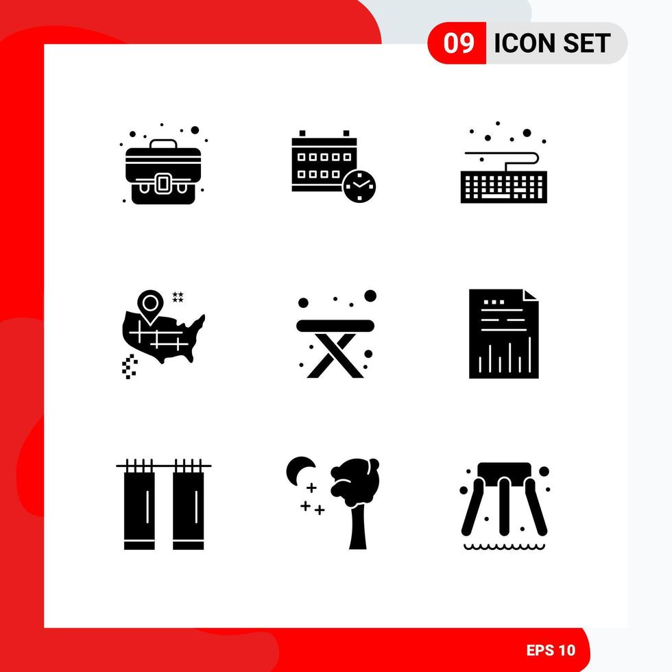 9 Universal Solid Glyph Signs Symbols of analytics table hardware camping map Editable Vector Design Elements
