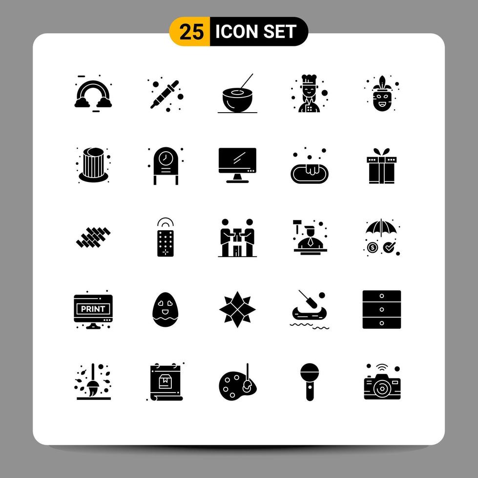 Mobile Interface Solid Glyph Set of 25 Pictograms of female cook cook liquidator chef drink Editable Vector Design Elements