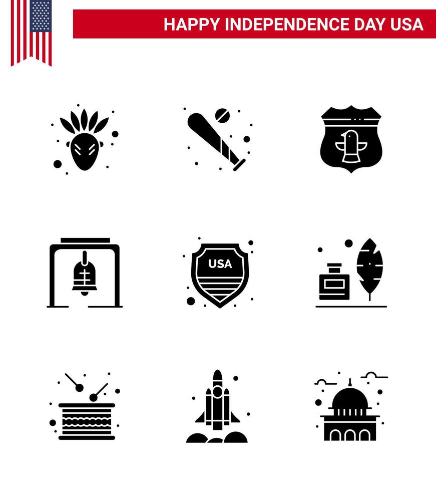 Pack of 9 USA Independence Day Celebration Solid Glyphs Signs and 4th July Symbols such as shield church bell sheild christmas bell alert Editable USA Day Vector Design Elements