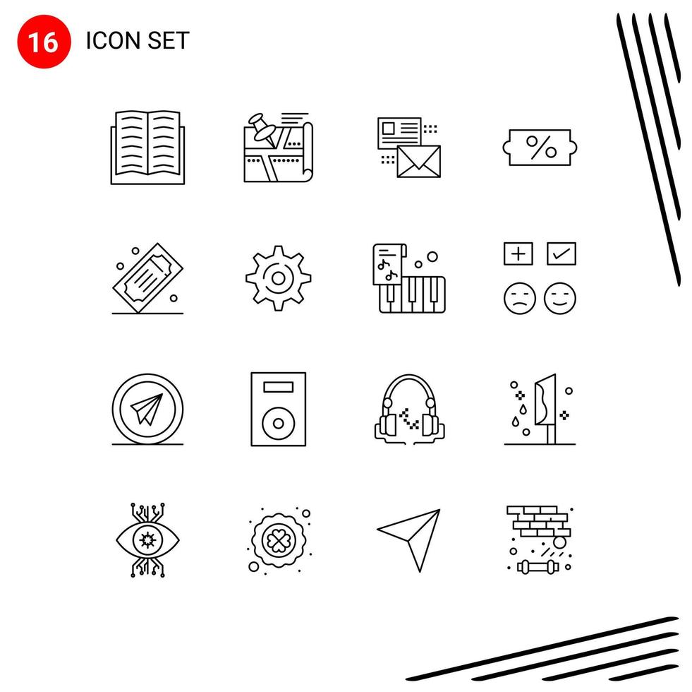 User Interface Pack of 16 Basic Outlines of sale discount map mail mail Editable Vector Design Elements