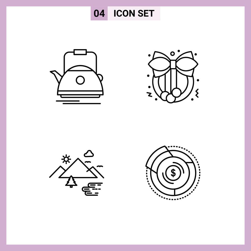 Mobile Interface Line Set of 4 Pictograms of tea nature camping decoration clouds Editable Vector Design Elements