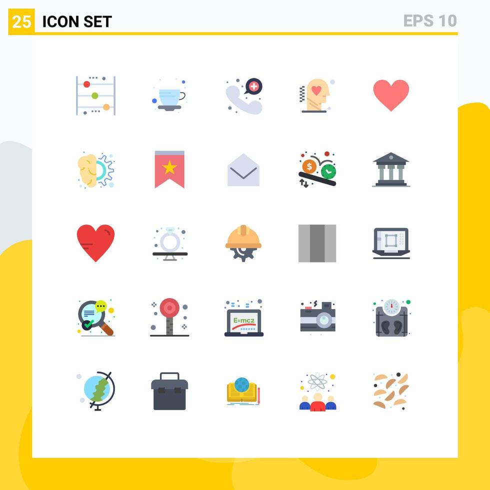 paquete de 25 signos y símbolos de colores planos modernos para medios de impresión web, como elementos de diseño de vectores editables de llamada de emergencia de cabeza de café de amor de bienestar