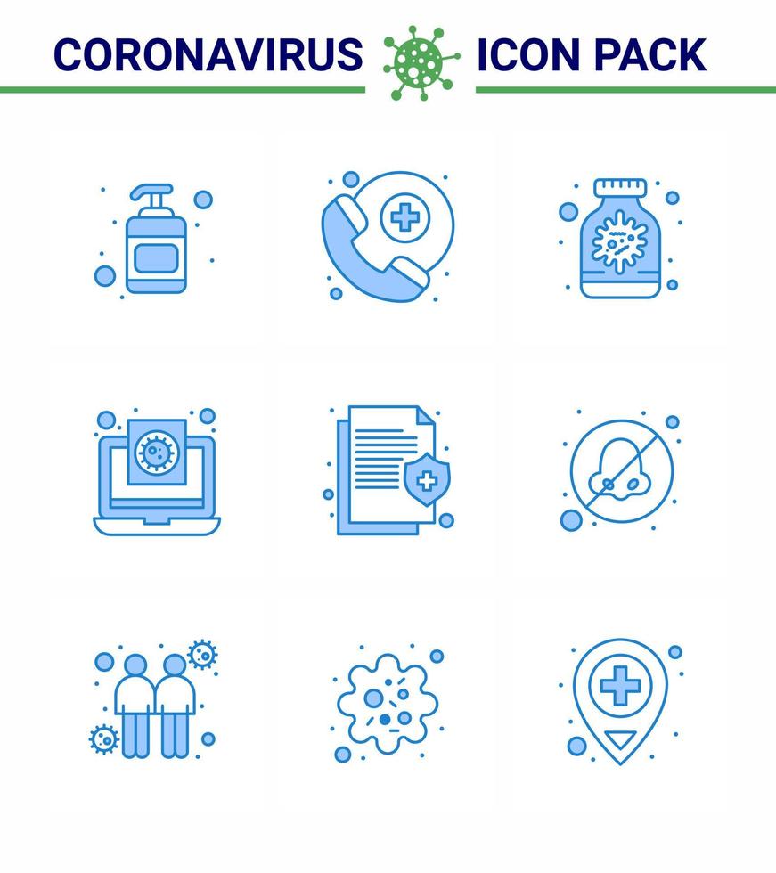 Coronavirus Prevention Set Icons 9 Blue icon such as insurance health medicine virus medical viral coronavirus 2019nov disease Vector Design Elements