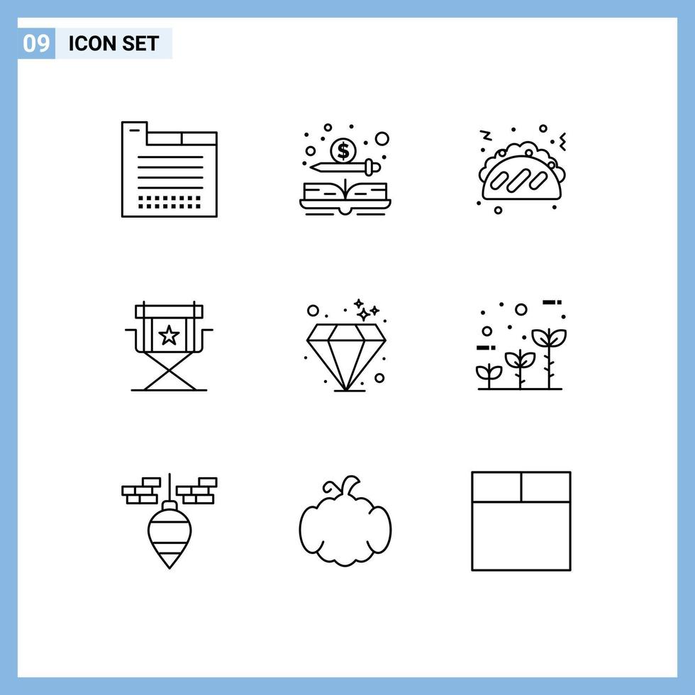 Stock Vector Icon Pack of 9 Line Signs and Symbols for gem television taco star director Editable Vector Design Elements