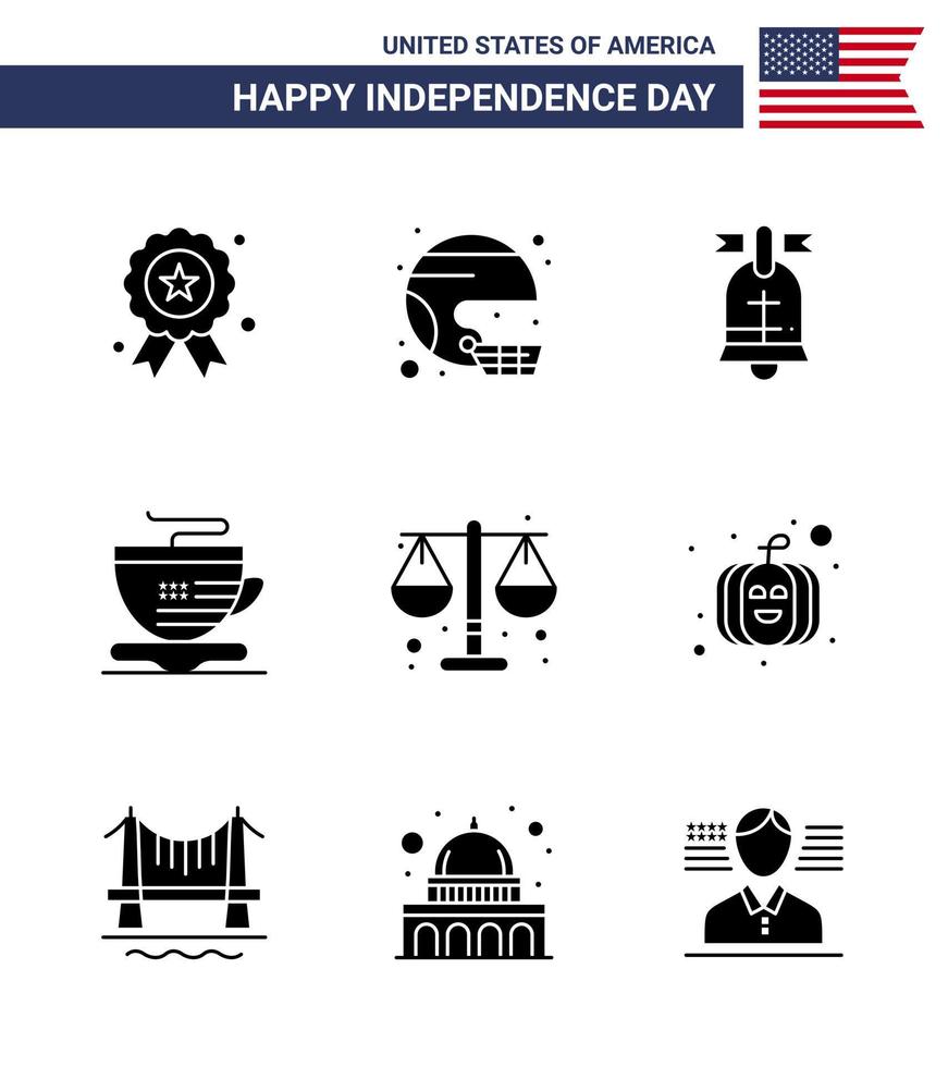Group of 9 Solid Glyphs Set for Independence day of United States of America such as court cup state tea american Editable USA Day Vector Design Elements