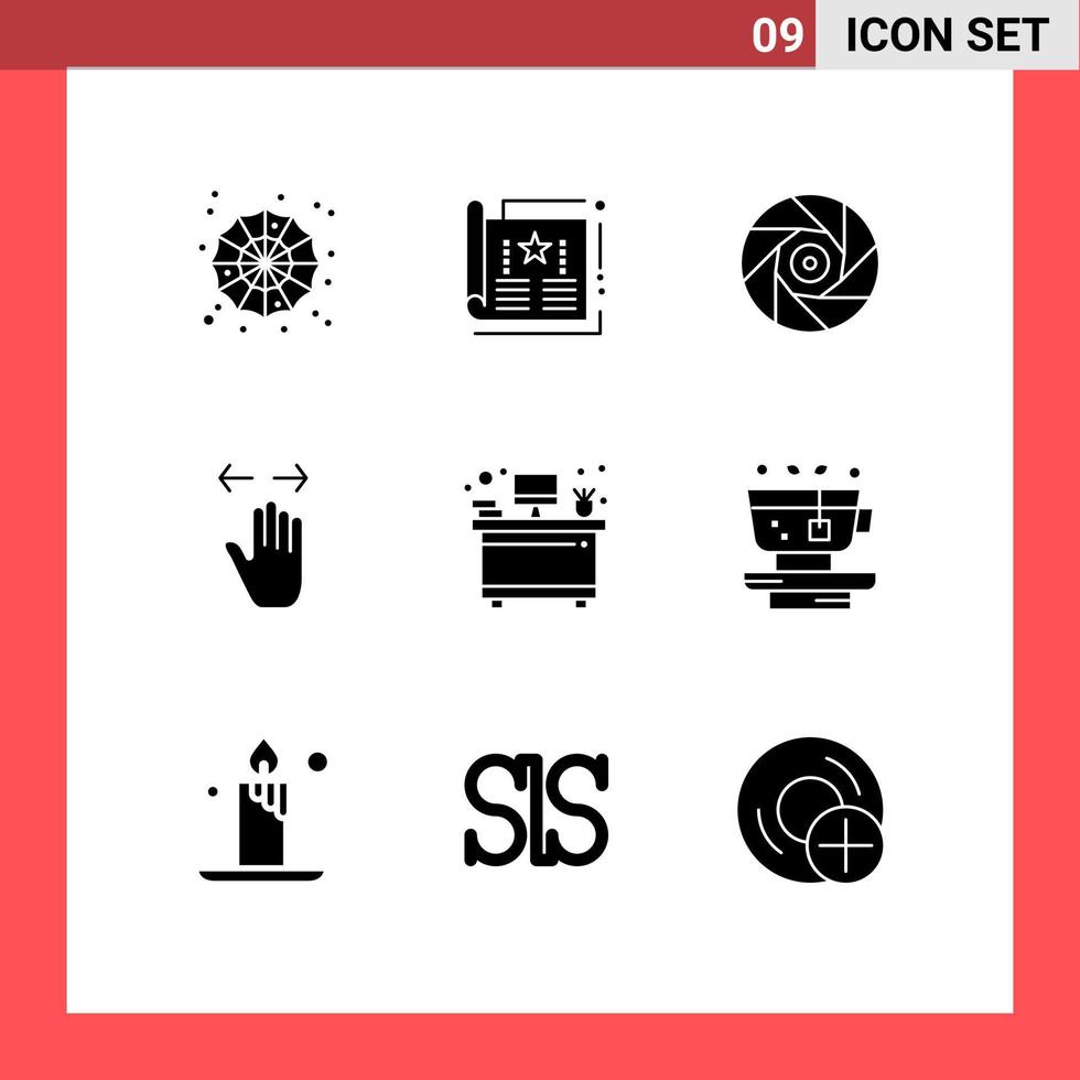 Pack of 9 Modern Solid Glyphs Signs and Symbols for Web Print Media such as zoom out left magazine gesture shutter Editable Vector Design Elements