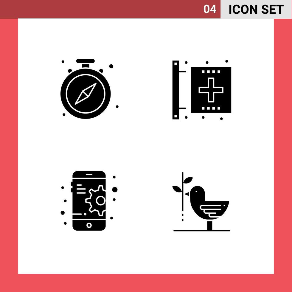 Modern Set of 4 Solid Glyphs Pictograph of pause configuration time fitness mobile Editable Vector Design Elements