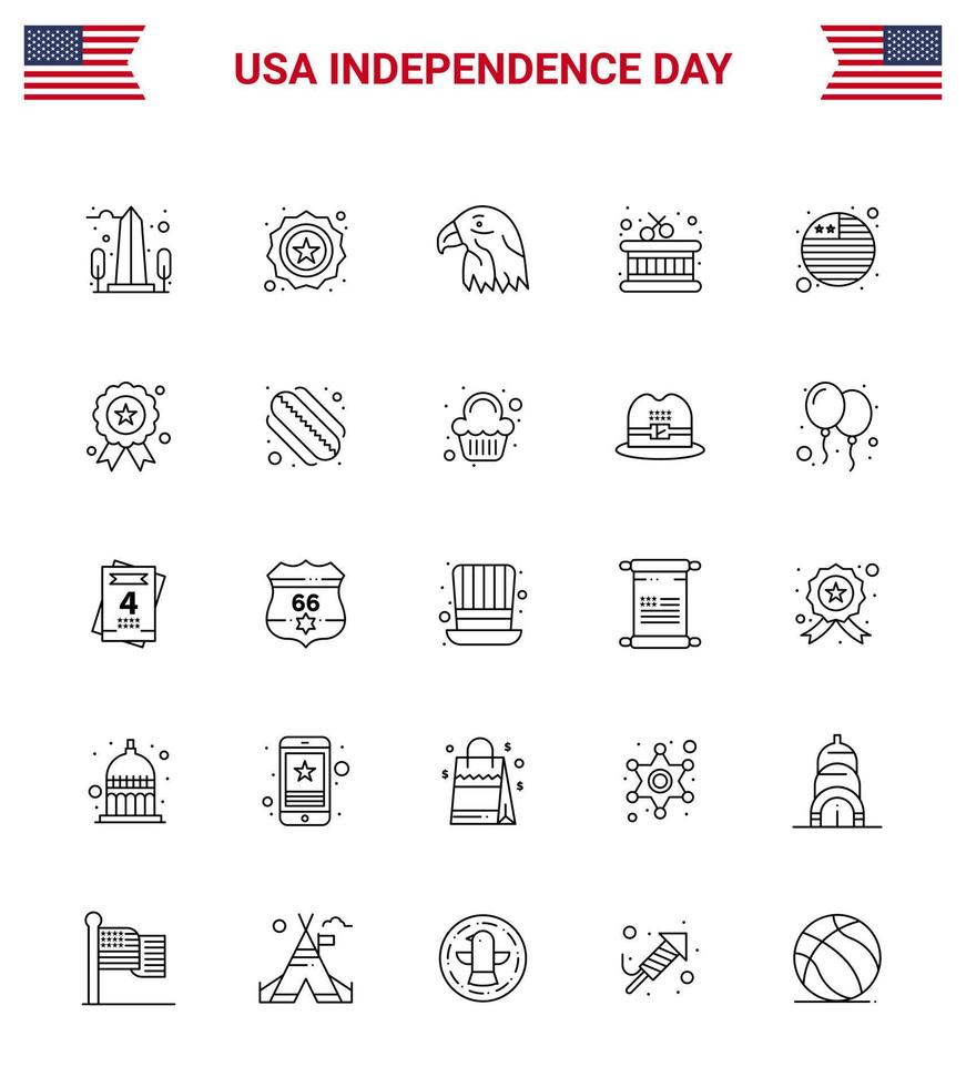 25 USA Line Pack of Independence Day Signs and Symbols of flag sticks flag instrument usa Editable USA Day Vector Design Elements