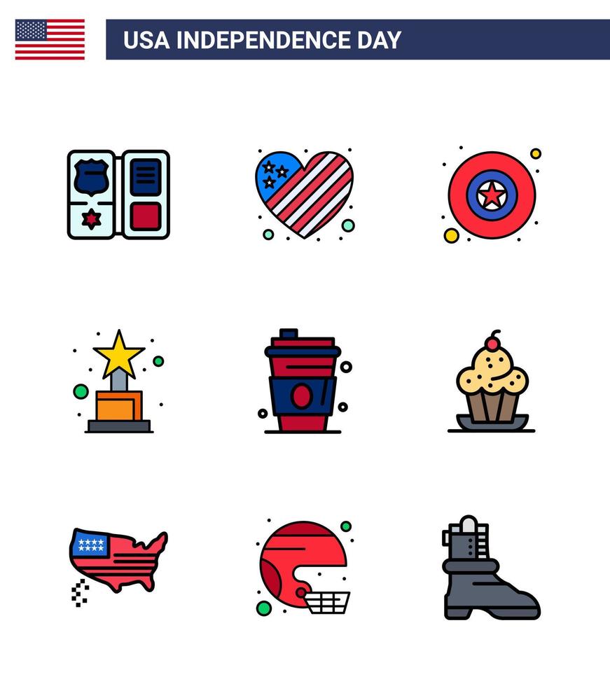 conjunto de 9 líneas planas vectoriales llenas el 4 de julio, día de la independencia de estados unidos, como la insignia de bebida de estados unidos, premio de alcohol, elementos de diseño vectorial editables del día de estados unidos vector