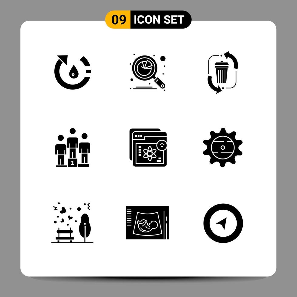Set of 9 Vector Solid Glyphs on Grid for podium winners graph recycle garbage Editable Vector Design Elements