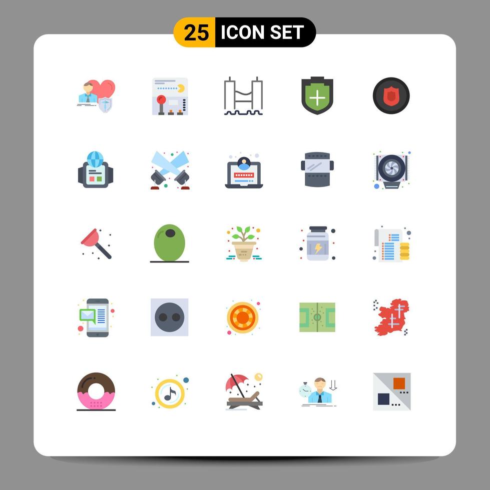25 Universal Flat Color Signs Symbols of shield plus game add industrial Editable Vector Design Elements