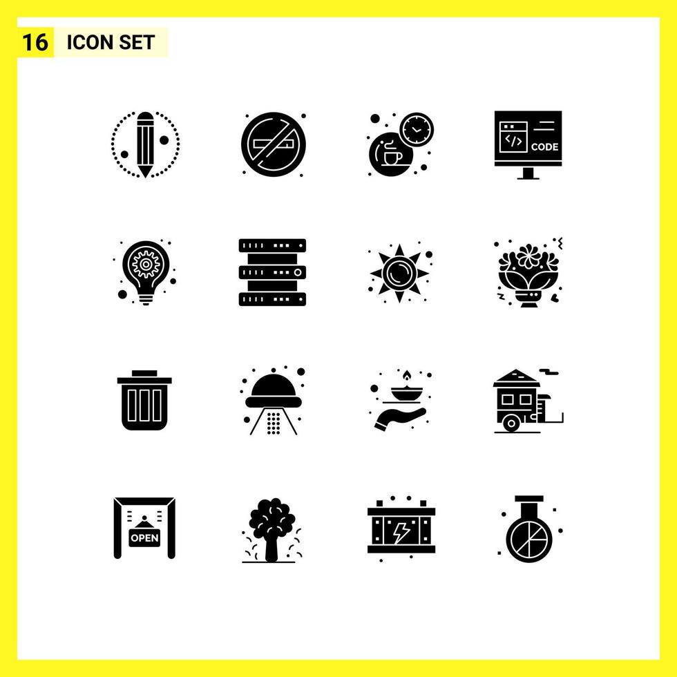 Pack of 16 creative Solid Glyphs of idea development coffee develop code Editable Vector Design Elements