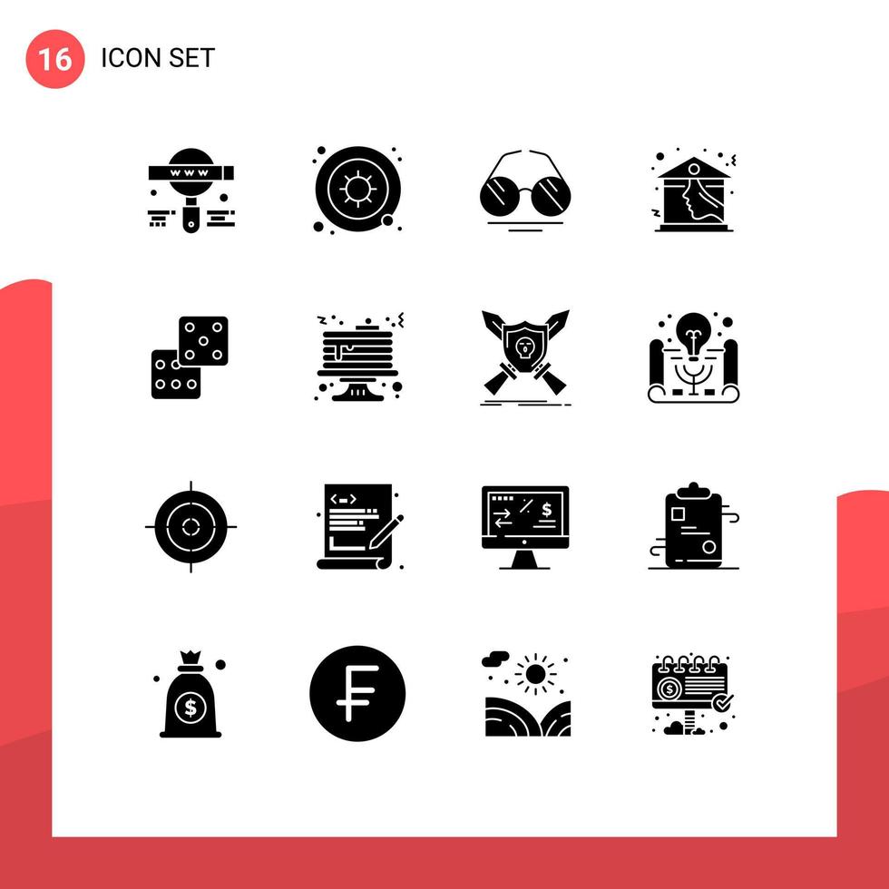 Set of 16 Vector Solid Glyphs on Grid for dice roof glasses real estate home Editable Vector Design Elements