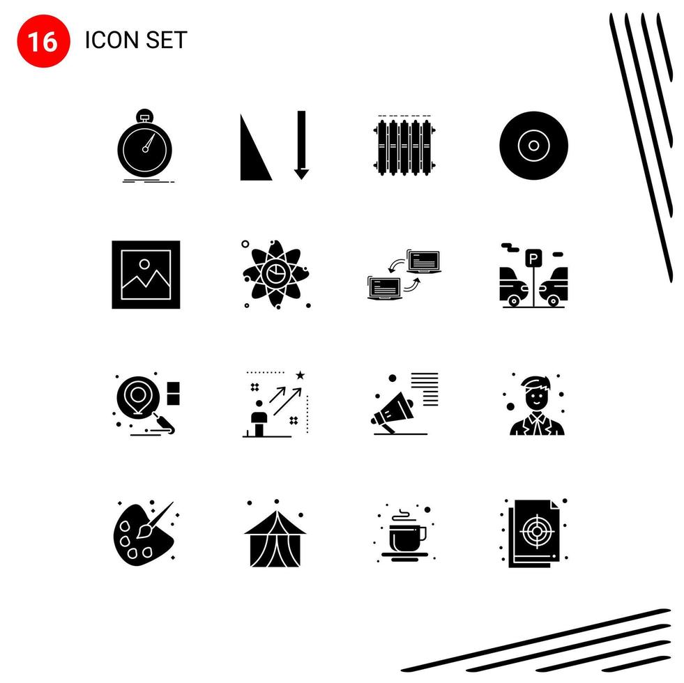 Group of 16 Modern Solid Glyphs Set for finance disc radiator ray heat Editable Vector Design Elements
