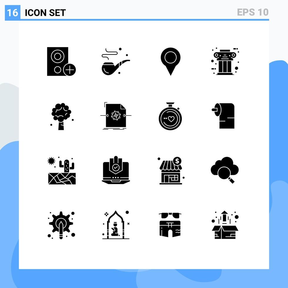Solid Glyph Pack of 16 Universal Symbols of history ancient fathers pillar pin Editable Vector Design Elements