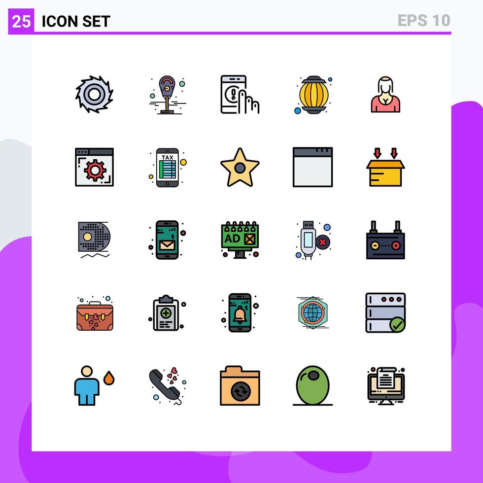 paquete de 25 modernos signos y símbolos de colores planos de línea rellena para medios de impresión web, como elementos de diseño de vectores editables de linterna de actriz de contacto de avatar de niña